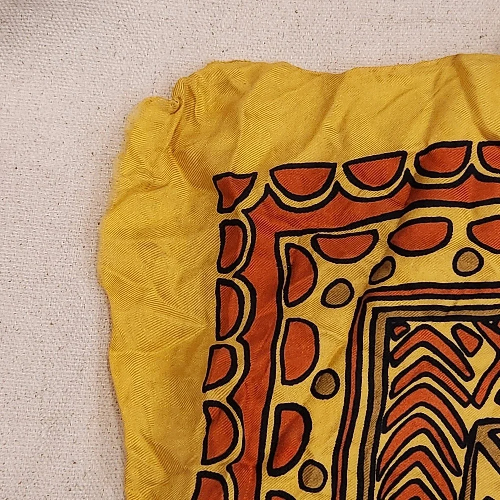 Vintage Echo Silk Scarf Yellow Orange Tribal Geometric Aztec Square Neck Scarf